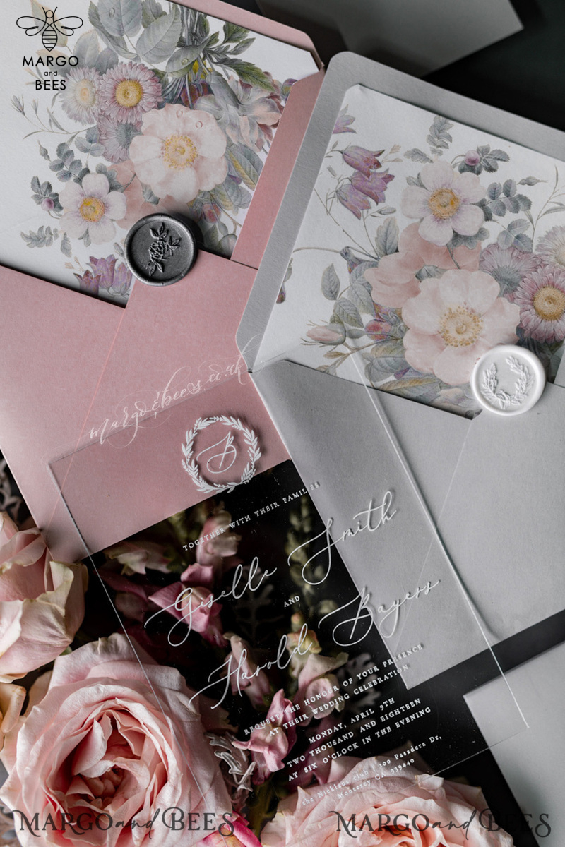 Luxury Acrylic Plexi Wedding Invitations, Romantic Blush Pink Wedding Invites, Elegant Light Grey Wedding Cards With Vellum Cover, Vintage Handmade Wedding Stationery-10