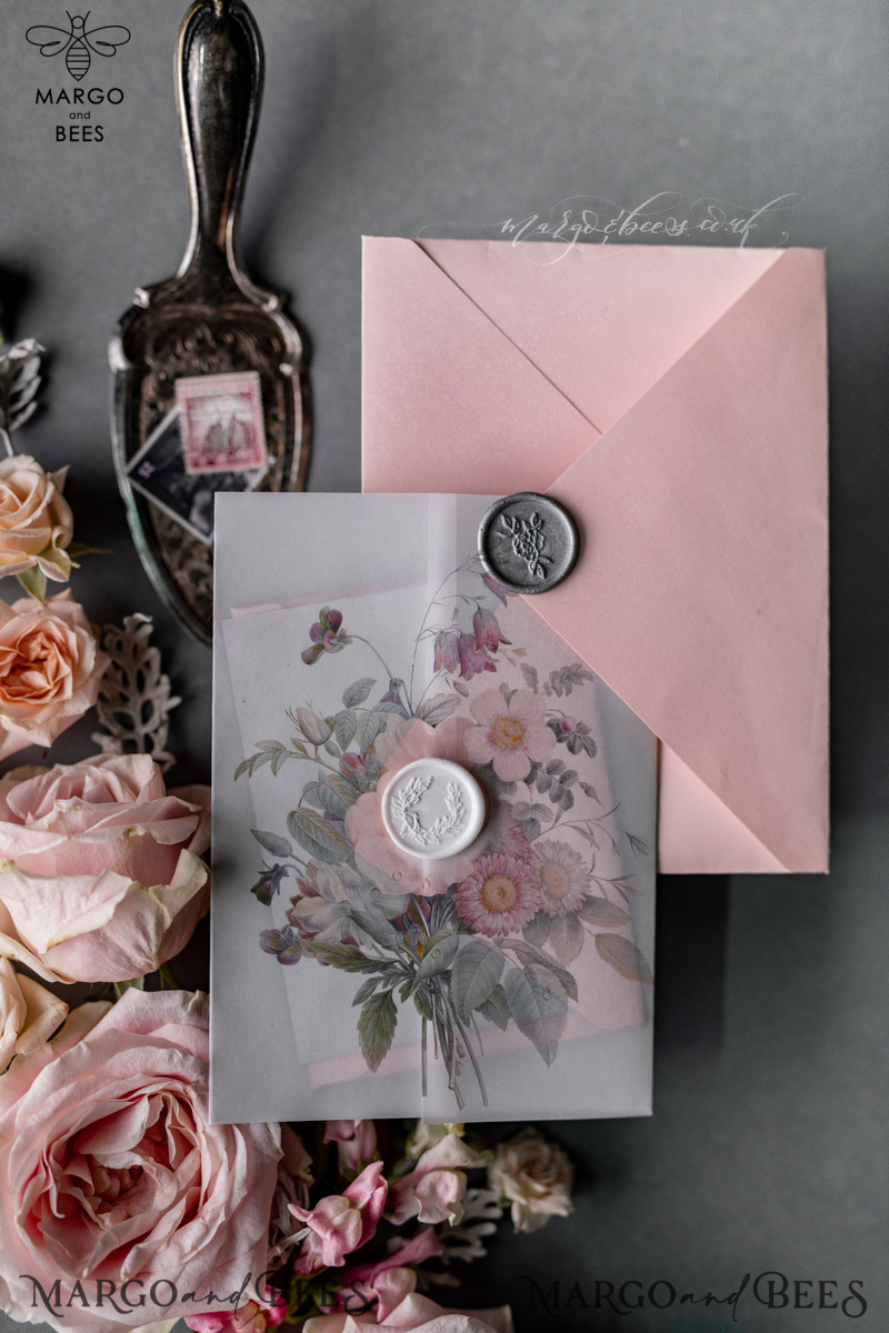 Luxury Acrylic Plexi Wedding Invitations, Romantic Blush Pink Wedding Invites, Elegant Light Grey Wedding Cards With Vellum Cover, Vintage Handmade Wedding Stationery-19