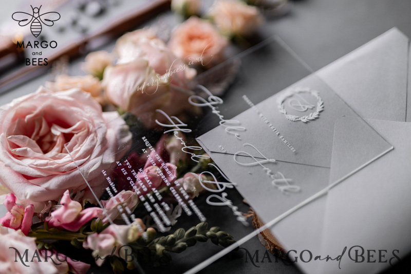 Luxury Acrylic Plexi Wedding Invitations, Romantic Blush Pink Wedding Invites, Elegant Light Grey Wedding Cards With Vellum Cover, Vintage Handmade Wedding Stationery-30