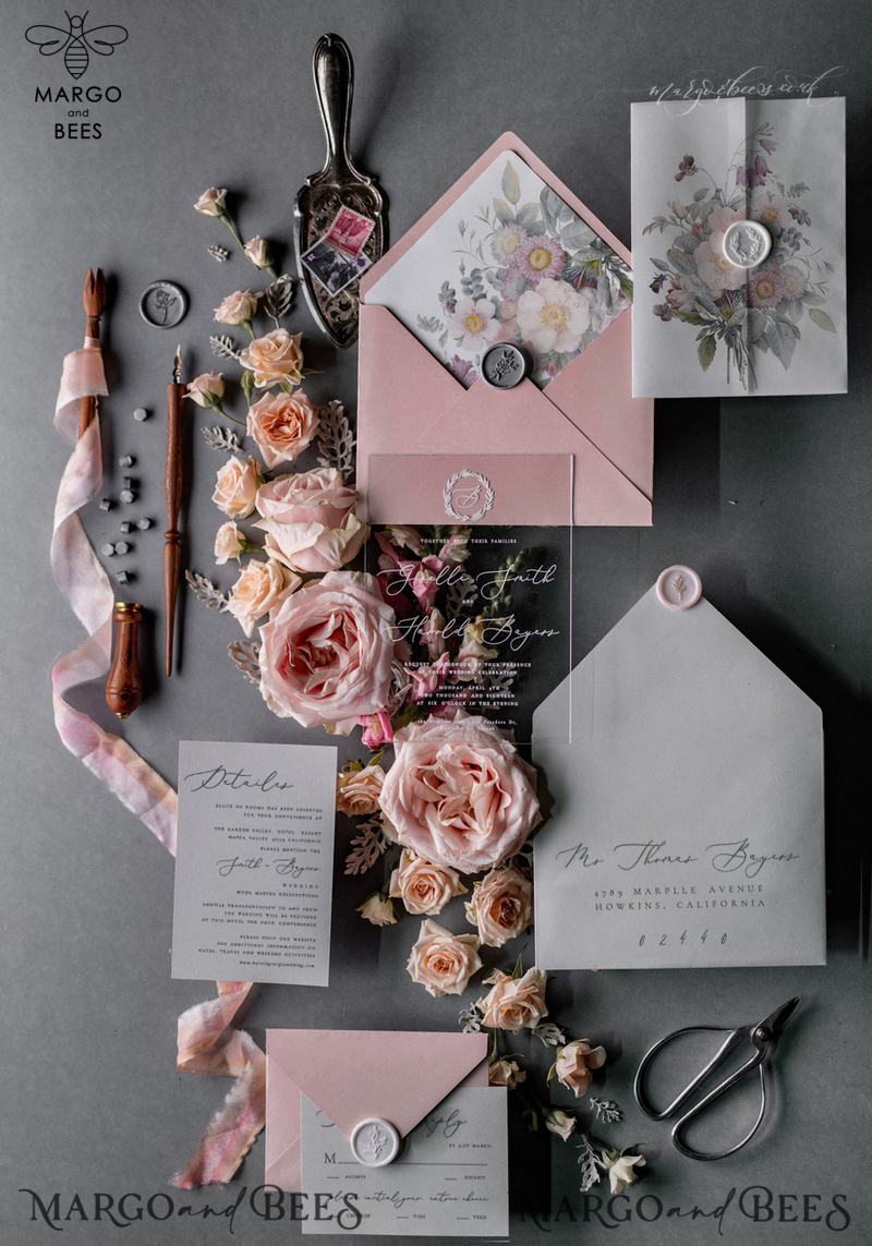 Luxury Acrylic Plexi Wedding Invitations, Romantic Blush Pink Wedding Invites, Elegant Light Grey Wedding Cards With Vellum Cover, Vintage Handmade Wedding Stationery-4