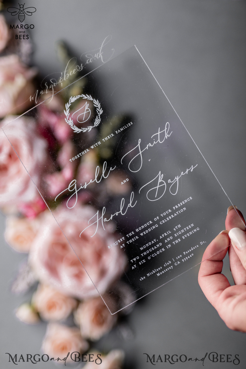 Luxury Acrylic Plexi Wedding Invitations, Romantic Blush Pink Wedding Invites, Elegant Light Grey Wedding Cards With Vellum Cover, Vintage Handmade Wedding Stationery-3