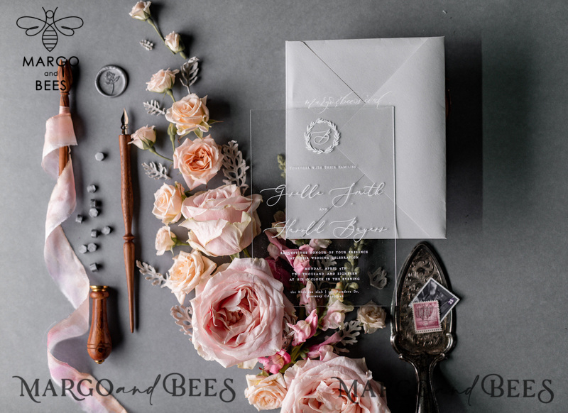 Luxury Acrylic Plexi Wedding Invitations, Romantic Blush Pink Wedding Invites, Elegant Light Grey Wedding Cards With Vellum Cover, Vintage Handmade Wedding Stationery-34