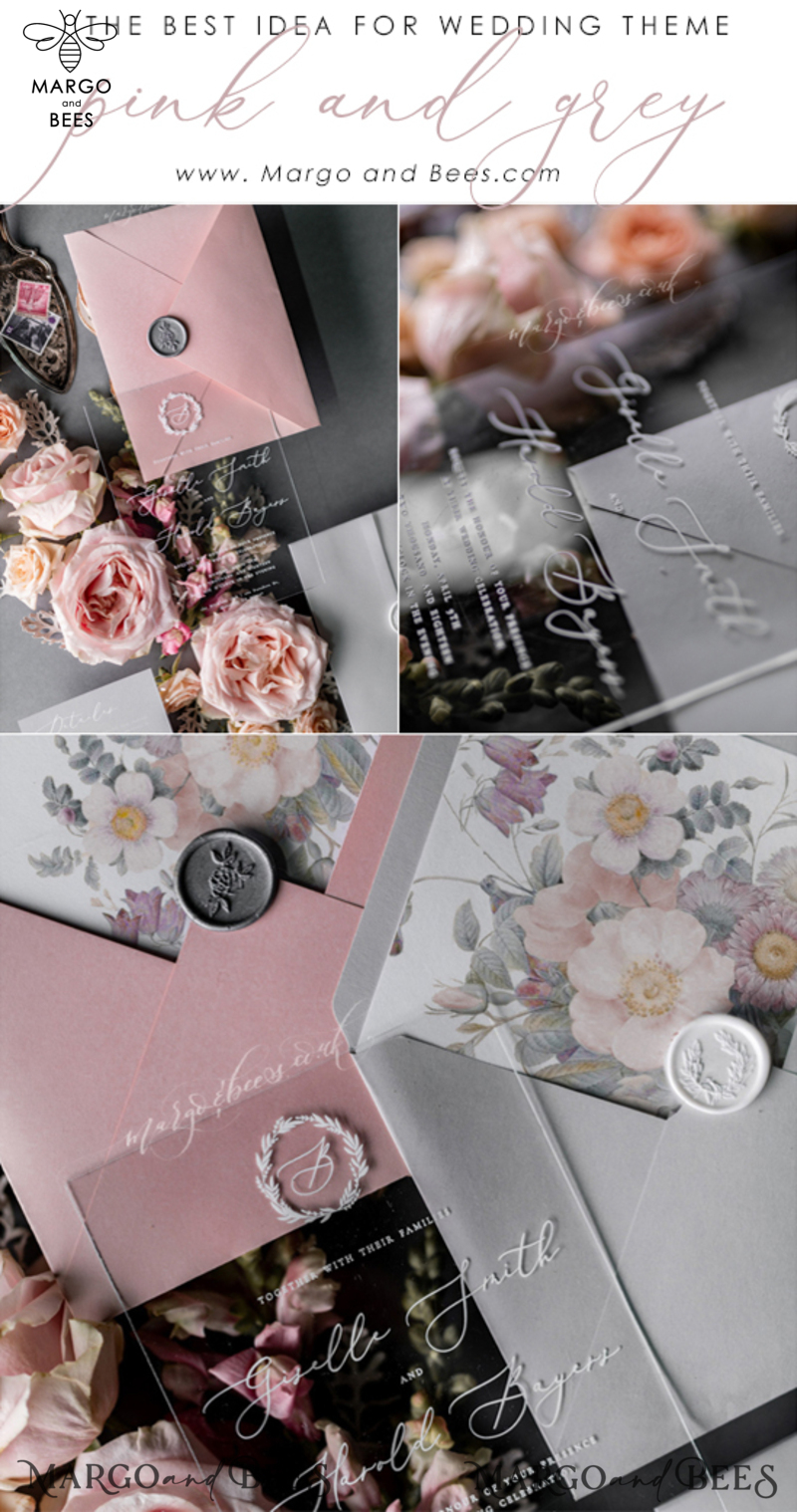 Luxury Acrylic Plexi Wedding Invitations, Romantic Blush Pink Wedding Invites, Elegant Light Grey Wedding Cards With Vellum Cover, Vintage Handmade Wedding Stationery-37