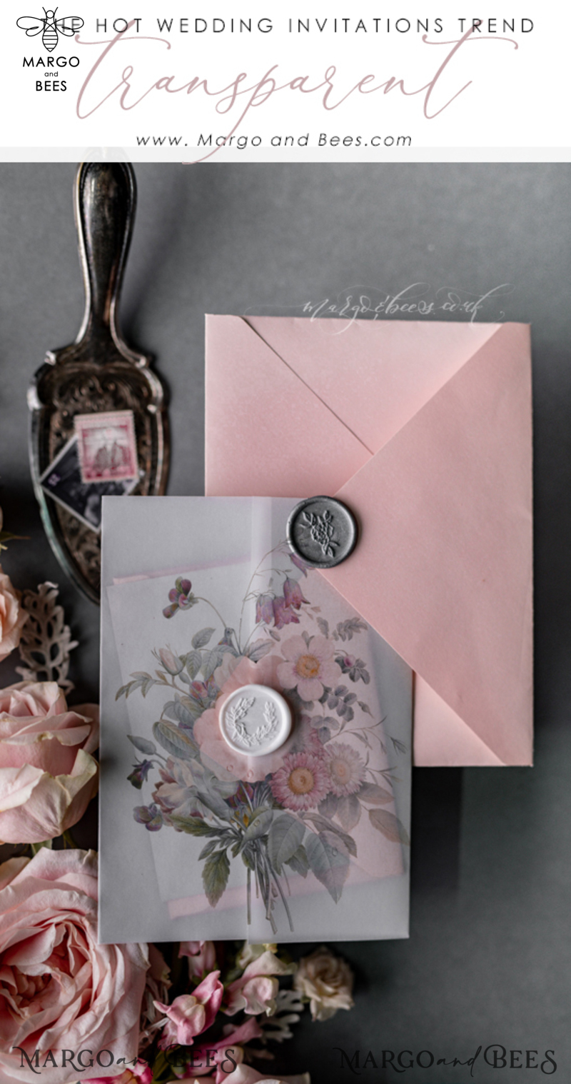 Luxury Acrylic Plexi Wedding Invitations, Romantic Blush Pink Wedding Invites, Elegant Light Grey Wedding Cards With Vellum Cover, Vintage Handmade Wedding Stationery-38