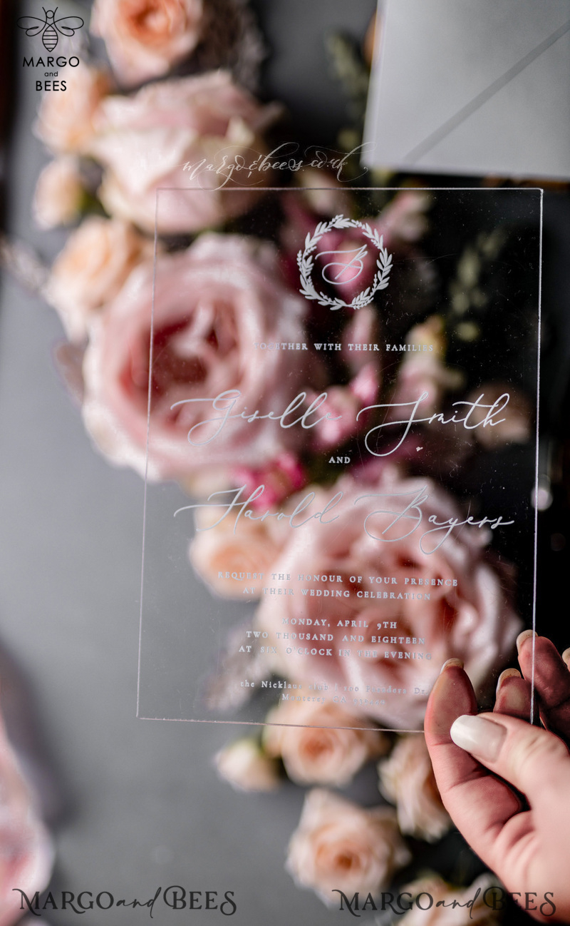 Luxury Acrylic Plexi Wedding Invitations, Romantic Blush Pink Wedding Invites, Elegant Light Grey Wedding Cards With Vellum Cover, Vintage Handmade Wedding Stationery-8