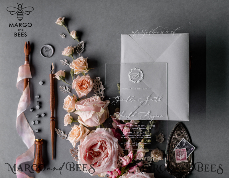 Luxury Acrylic Plexi Wedding Invitations, Romantic Blush Pink Wedding Invites, Elegant Light Grey Wedding Cards With Vellum Cover, Vintage Handmade Wedding Stationery-1