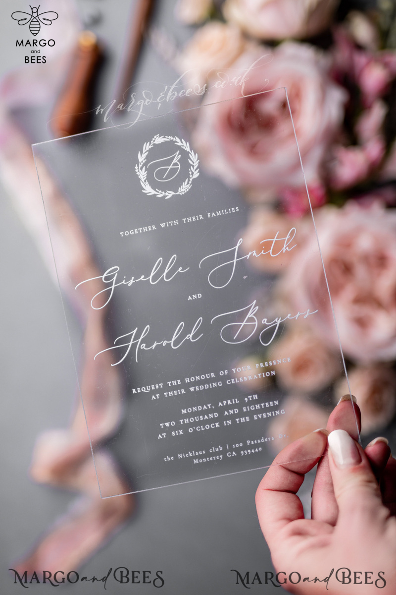 Luxury Acrylic Plexi Wedding Invitations, Romantic Blush Pink Wedding Invites, Elegant Light Grey Wedding Cards With Vellum Cover, Vintage Handmade Wedding Stationery-2