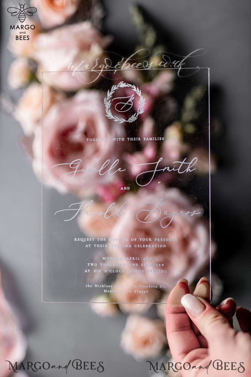 Luxury Acrylic Plexi Wedding Invitations, Romantic Blush Pink Wedding Invites, Elegant Light Grey Wedding Cards With Vellum Cover, Vintage Handmade Wedding Stationery-12