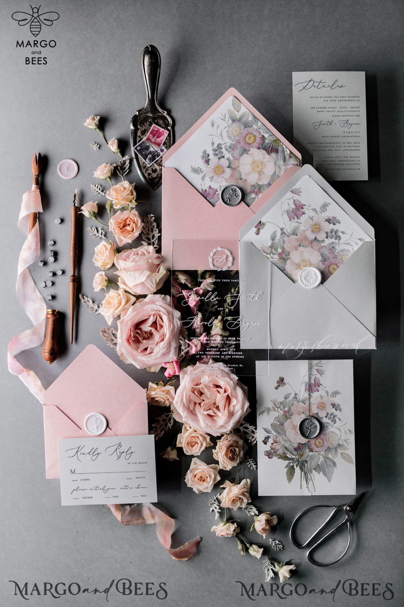Luxury Acrylic Plexi Wedding Invitations, Romantic Blush Pink Wedding Invites, Elegant Light Grey Wedding Cards With Vellum Cover, Vintage Handmade Wedding Stationery-0