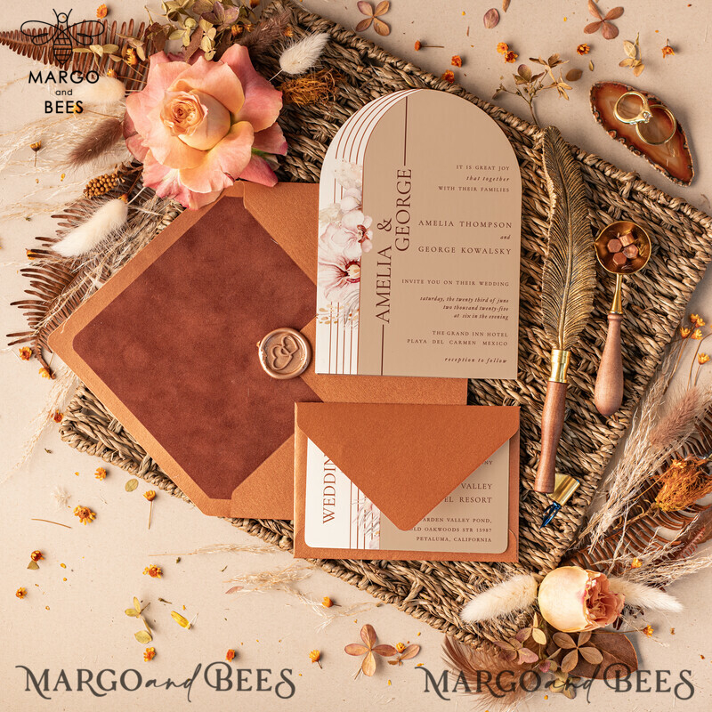 Introducing Our Elegant Velvet Wedding Invitation Suite: Luxury Terracotta & Copper Wedding Cards-4