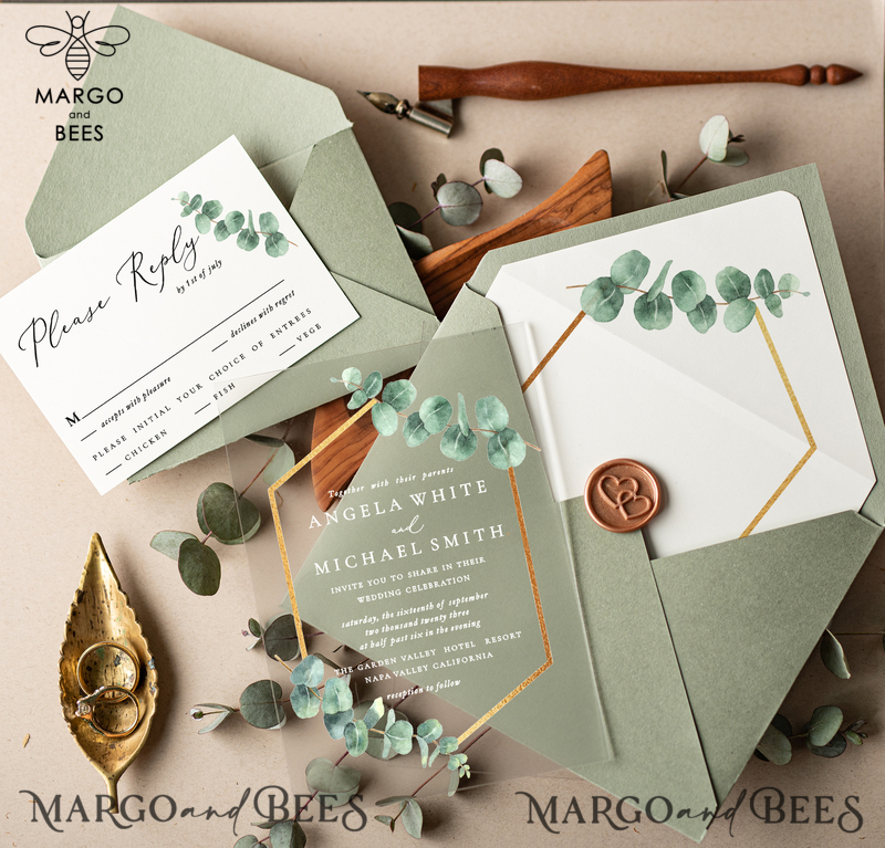 Eucalyptus Acrylic Wedding Invitations, Sage Green Italian Plexi Wedding Invitation Suite, Greenery Wedding Invites,Green Leaf Eucalyptus Wedding Stationery-0