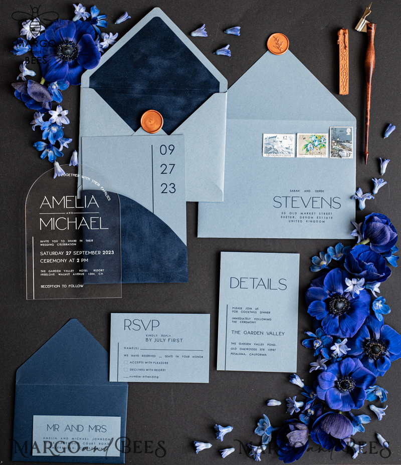 Luxury Arch Acrylic Wedding Invitations, Velvet Pocket Navy blue Modern Wedding Cards, light blue Modern Invites, minimalistic Plexi Wedding Invitation Suite-0