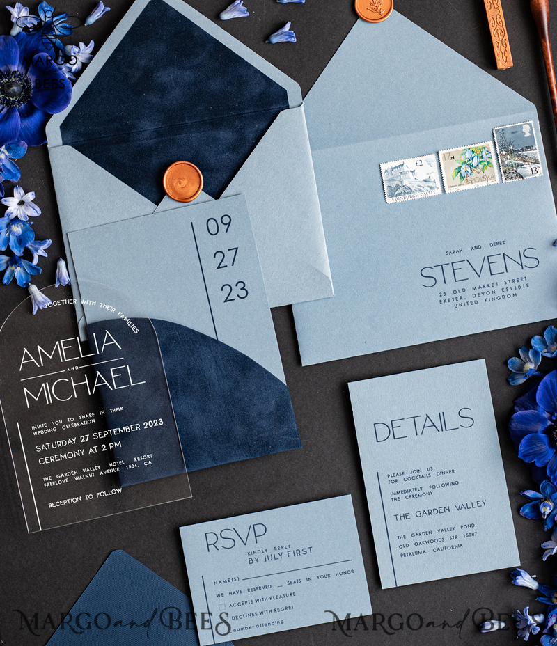 Luxury Arch Acrylic Wedding Invitations, Velvet Pocket Navy blue Modern Wedding Cards, light blue Modern Invites, minimalistic Plexi Wedding Invitation Suite-1