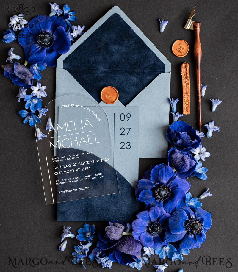 Luxury Arch Acrylic Wedding Invitations, Velvet Pocket Navy blue Modern Wedding Cards, light blue Modern Invites, minimalistic Plexi Wedding Invitation Suite-4