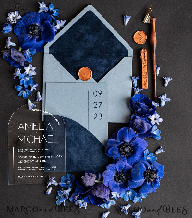 Luxury Arch Acrylic Wedding Invitations, Velvet Pocket Navy blue Modern Wedding Cards, light blue Modern Invites, minimalistic Plexi Wedding Invitation Suite-2
