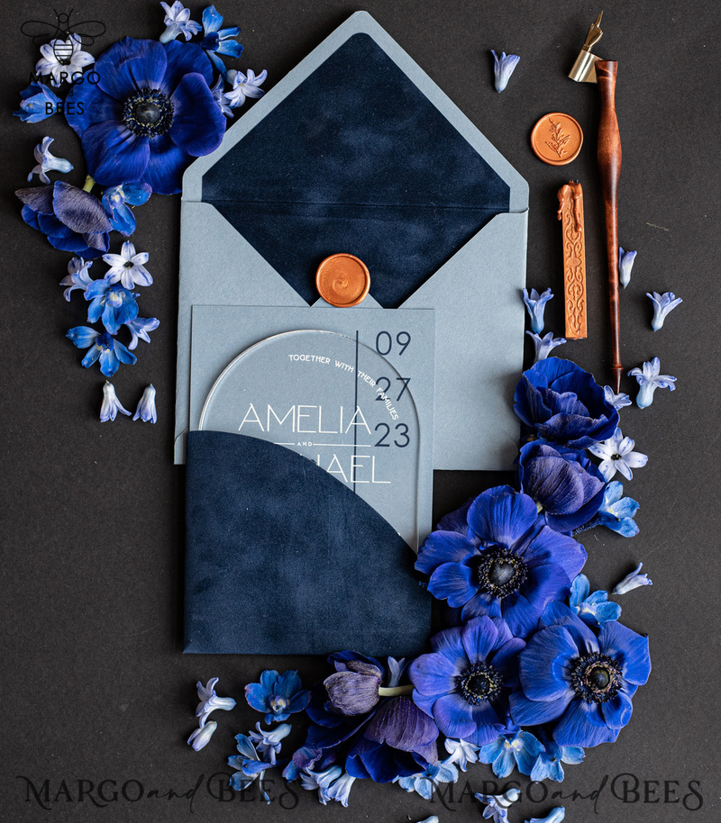 Luxury Arch Acrylic Wedding Invitations, Velvet Pocket Navy blue Modern Wedding Cards, light blue Modern Invites, minimalistic Plexi Wedding Invitation Suite-5
