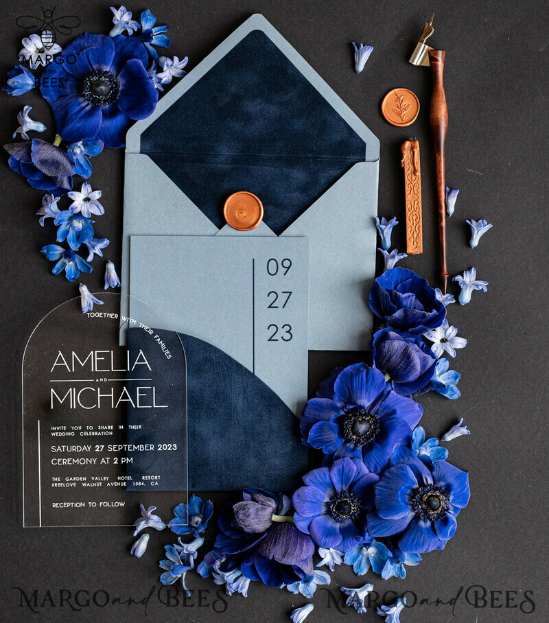 Elegant Plexi Wedding Invitation Suite: Luxury Arch Acrylic & Velvet Pocket in Navy Blue with Light Blue Modern Invites-2