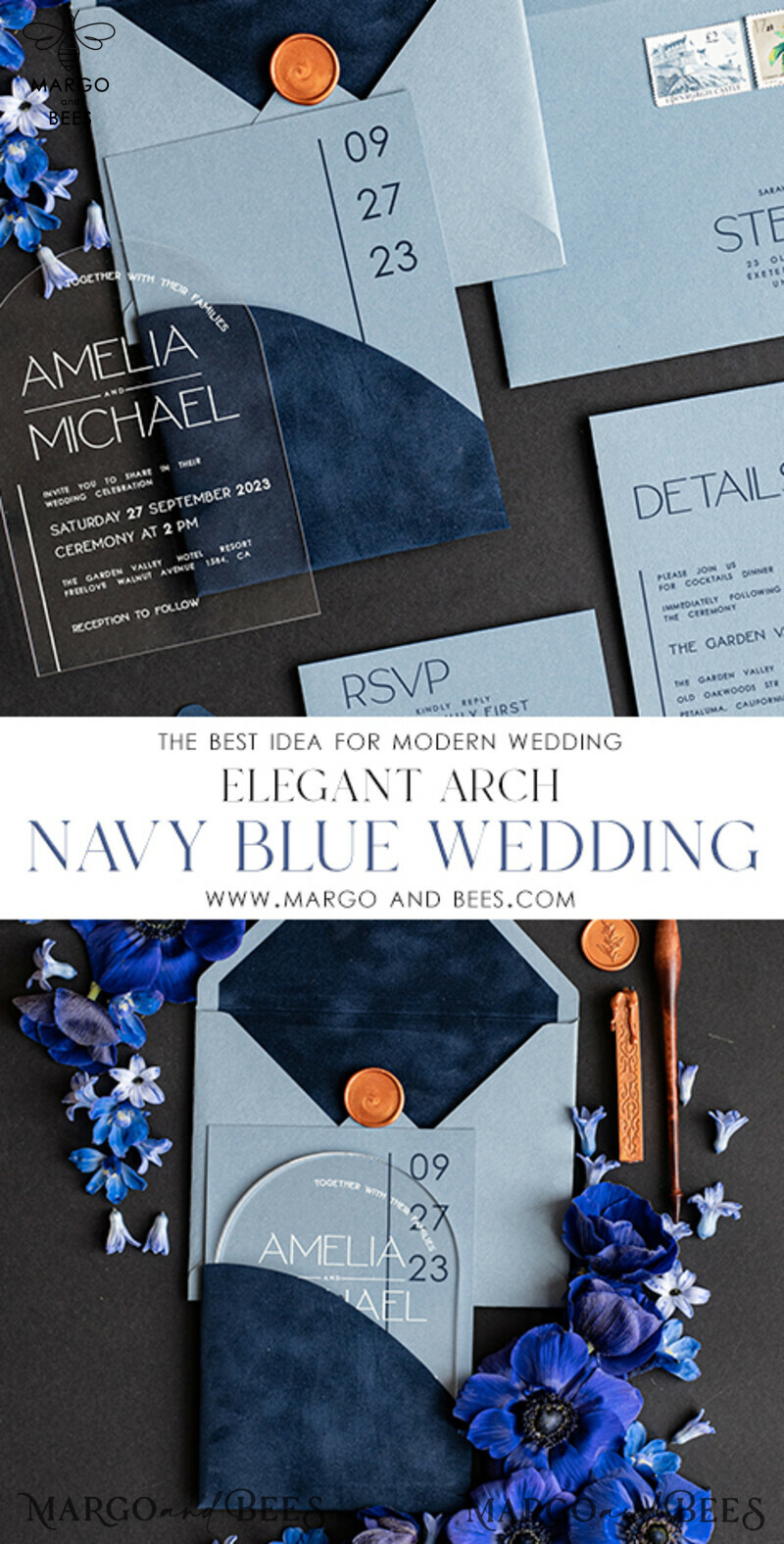 Elegant Plexi Wedding Invitation Suite: Luxury Arch Acrylic & Velvet Pocket in Navy Blue with Light Blue Modern Invites-3