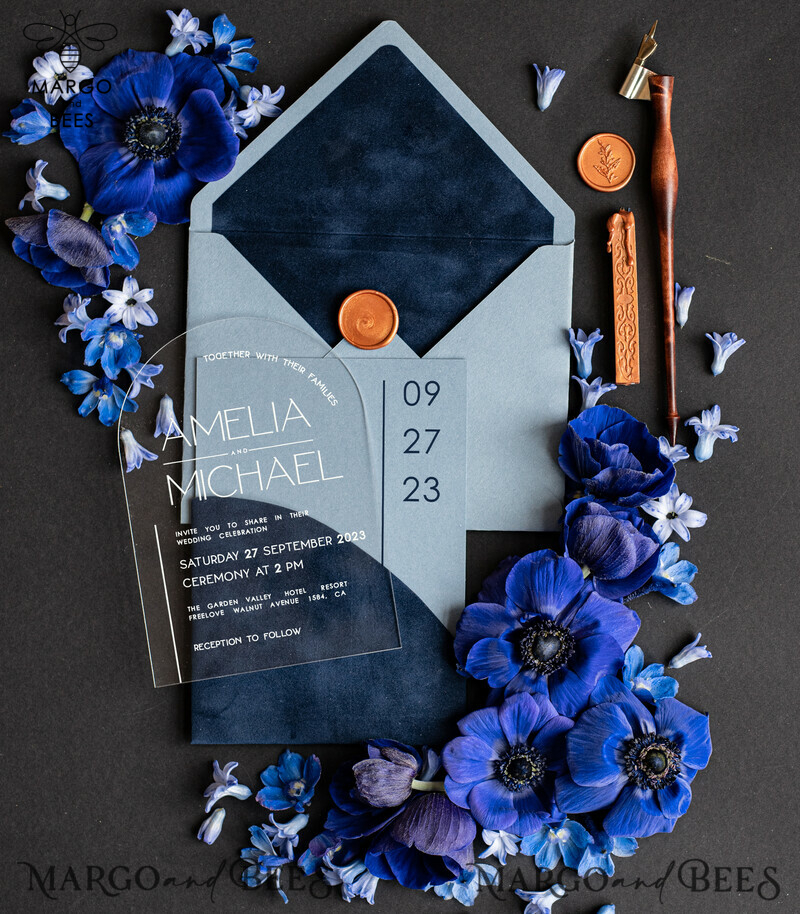 Elegant Plexi Wedding Invitation Suite: Luxury Arch Acrylic & Velvet Pocket in Navy Blue with Light Blue Modern Invites-4