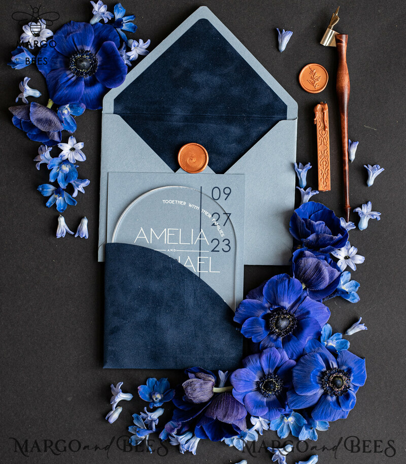 Elegant Plexi Wedding Invitation Suite: Luxury Arch Acrylic & Velvet Pocket in Navy Blue with Light Blue Modern Invites-6