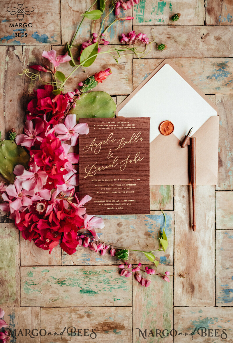 Handcrafted Wedding Stationery: Elegant Wooden, Minimalistic Nude, and Glamour Golden Shine Invitations-1