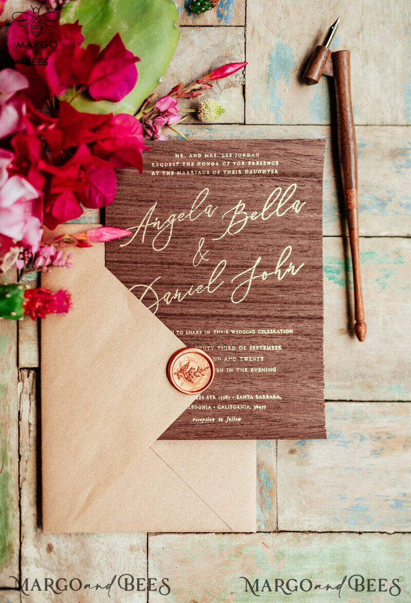 Handcrafted Wedding Stationery: Elegant Wooden, Minimalistic Nude, and Glamour Golden Shine Invitations-10
