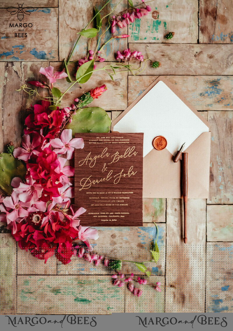 Handcrafted Wedding Stationery: Elegant Wooden, Minimalistic Nude, and Glamour Golden Shine Invitations-2