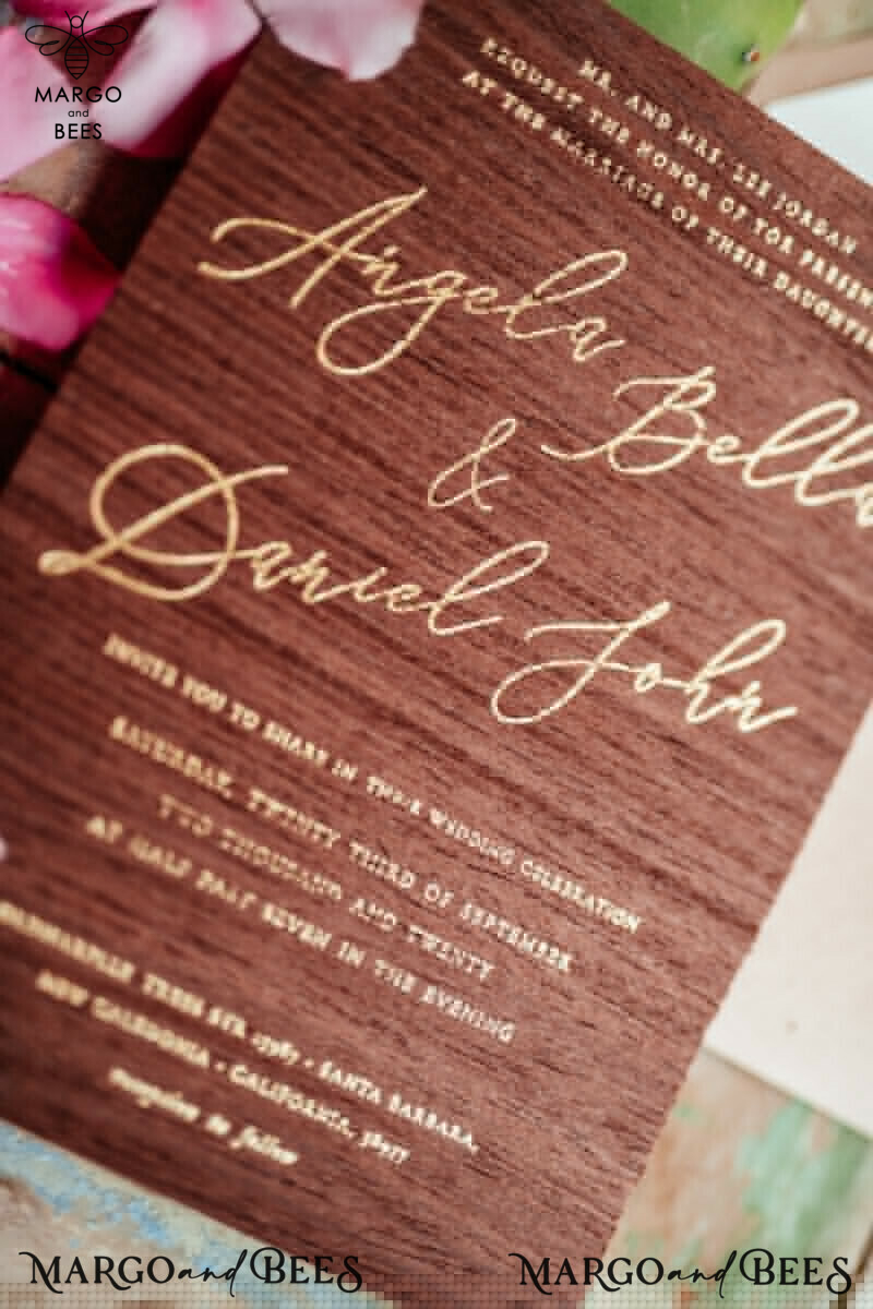 Wooden wedding invitation, wooden invitation, wooden card, wood wedding invitations, wood wedding cards, wooden wedding cards, wooden invitation with decorative font, gold lettering, gold calligraphy, calligraphy, elegant wedding invitations, destination wedding invitations, destination wedding, brown wedding invitations, wooden wedding stationery, wooden wedding accessories-3