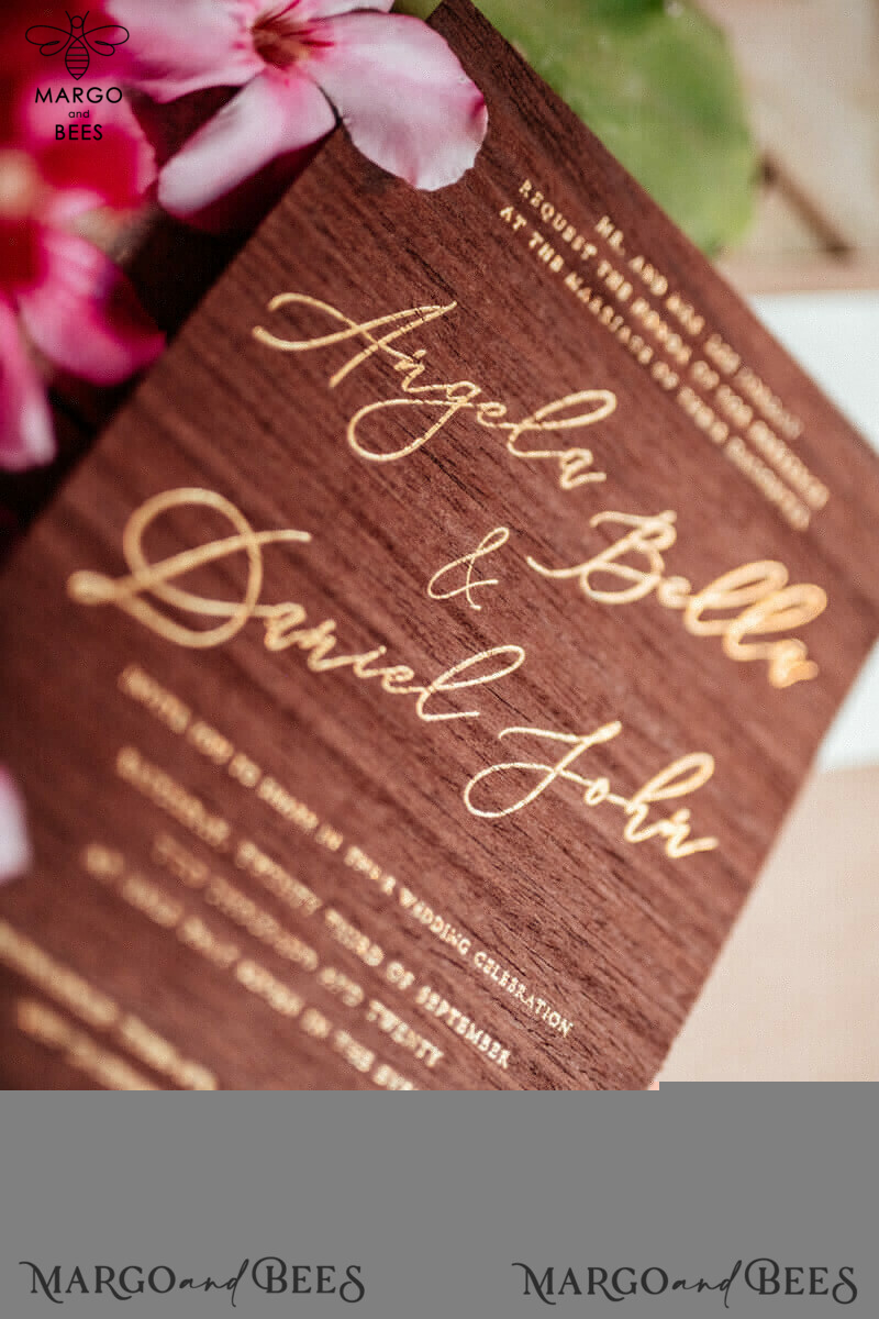 Wooden wedding invitation, wooden invitation, wooden card, wood wedding invitations, wood wedding cards, wooden wedding cards, wooden invitation with decorative font, gold lettering, gold calligraphy, calligraphy, elegant wedding invitations, destination wedding invitations, destination wedding, brown wedding invitations, wooden wedding stationery, wooden wedding accessories-5