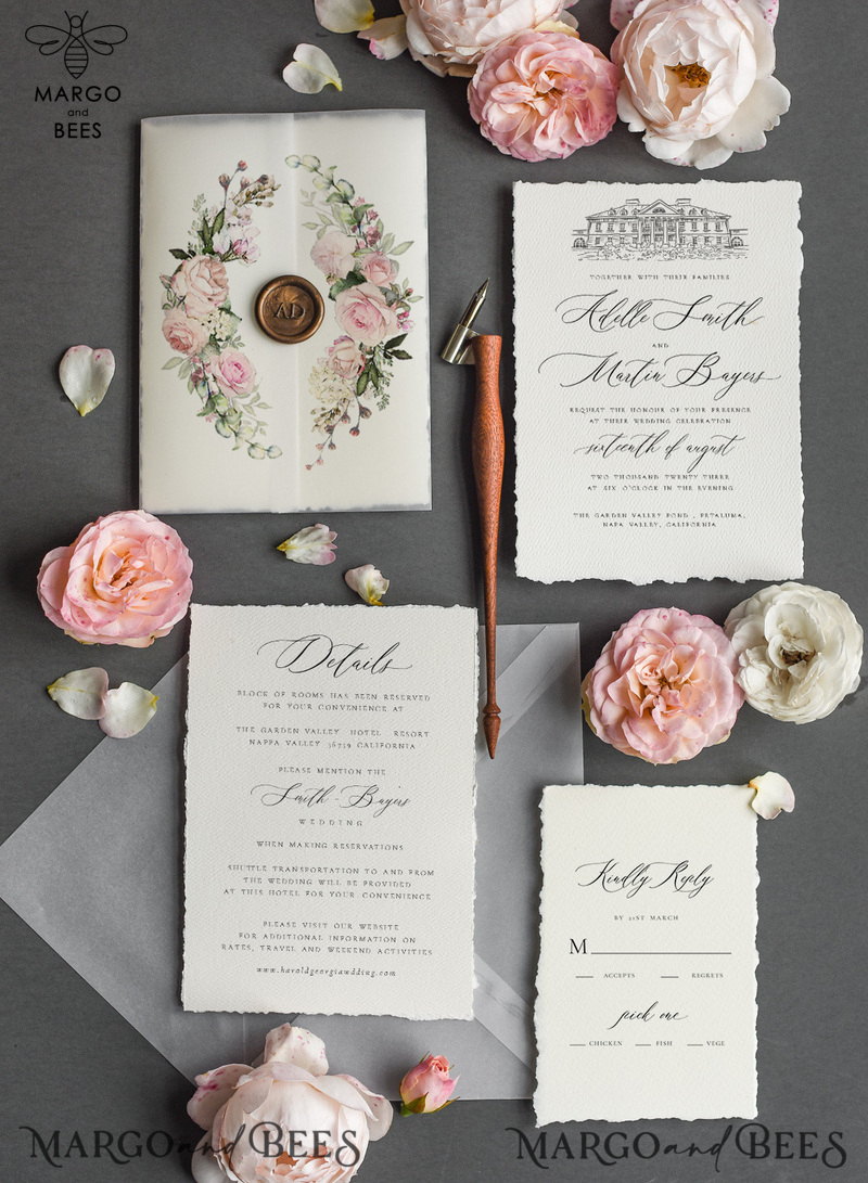  Romantic Nude Wedding Invitations, Elegant Custom Venue Sketch Wedding Invites, Vintage Floral Wedding Cards, Handmade Minimalistic Wedding Invitation Suite-1