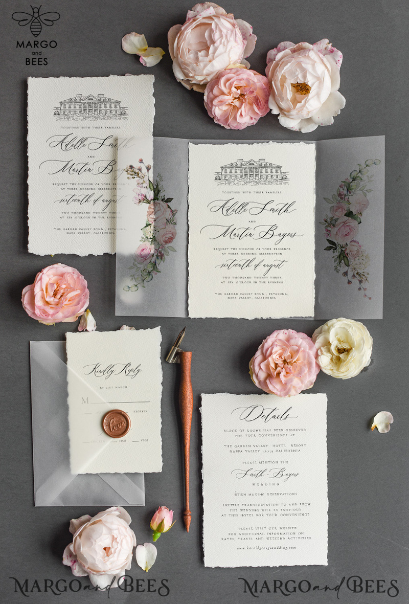  Romantic Nude Wedding Invitations, Elegant Custom Venue Sketch Wedding Invites, Vintage Floral Wedding Cards, Handmade Minimalistic Wedding Invitation Suite-2