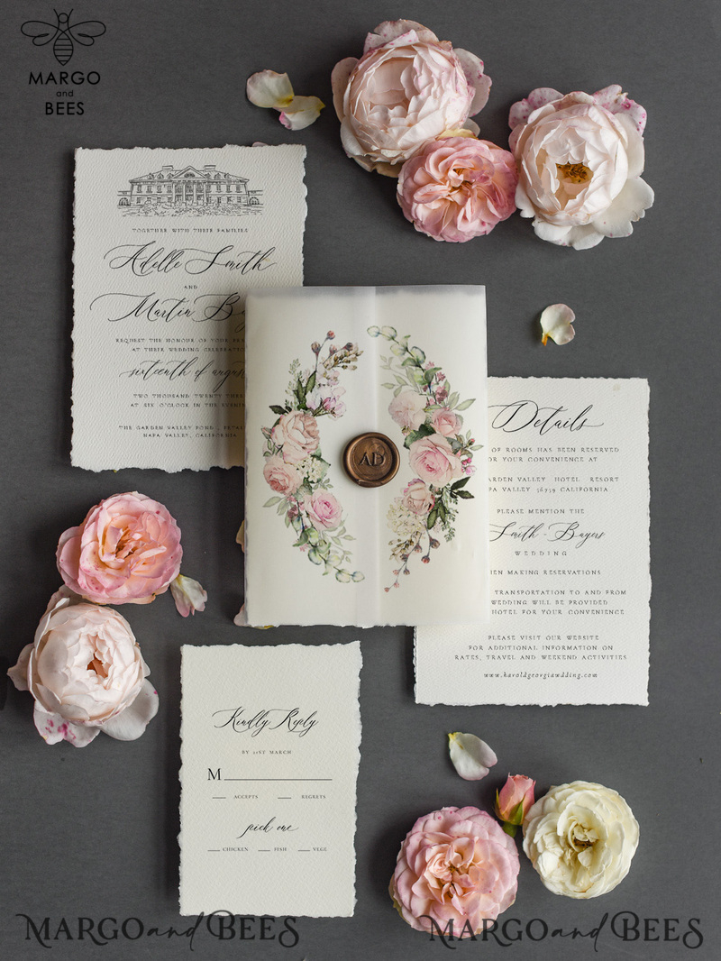  Romantic Nude Wedding Invitations, Elegant Custom Venue Sketch Wedding Invites, Vintage Floral Wedding Cards, Handmade Minimalistic Wedding Invitation Suite-11