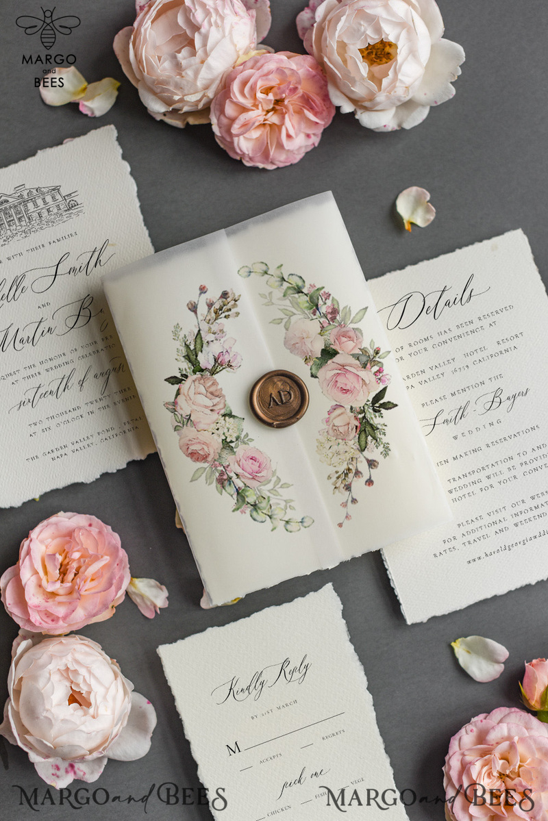  Romantic Nude Wedding Invitations, Elegant Custom Venue Sketch Wedding Invites, Vintage Floral Wedding Cards, Handmade Minimalistic Wedding Invitation Suite-14