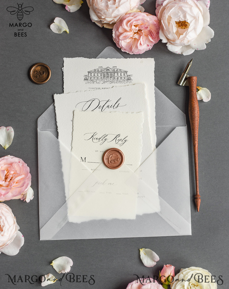  Romantic Nude Wedding Invitations, Elegant Custom Venue Sketch Wedding Invites, Vintage Floral Wedding Cards, Handmade Minimalistic Wedding Invitation Suite-19