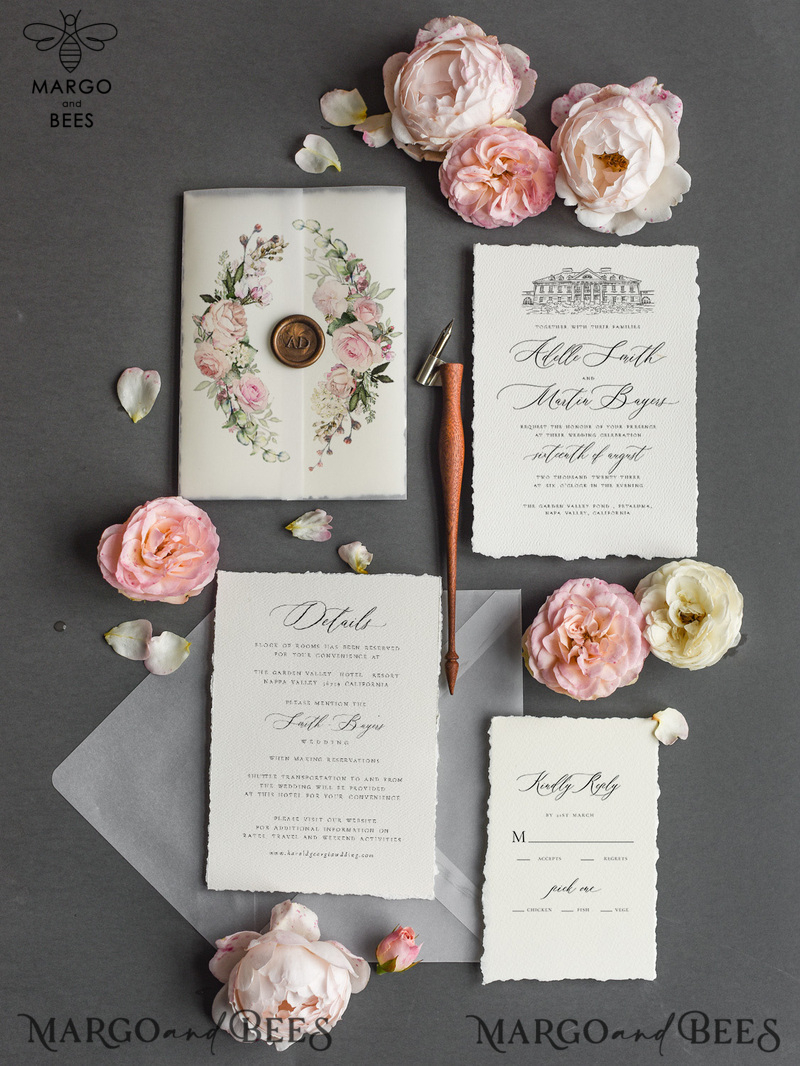  Romantic Nude Wedding Invitations, Elegant Custom Venue Sketch Wedding Invites, Vintage Floral Wedding Cards, Handmade Minimalistic Wedding Invitation Suite-3