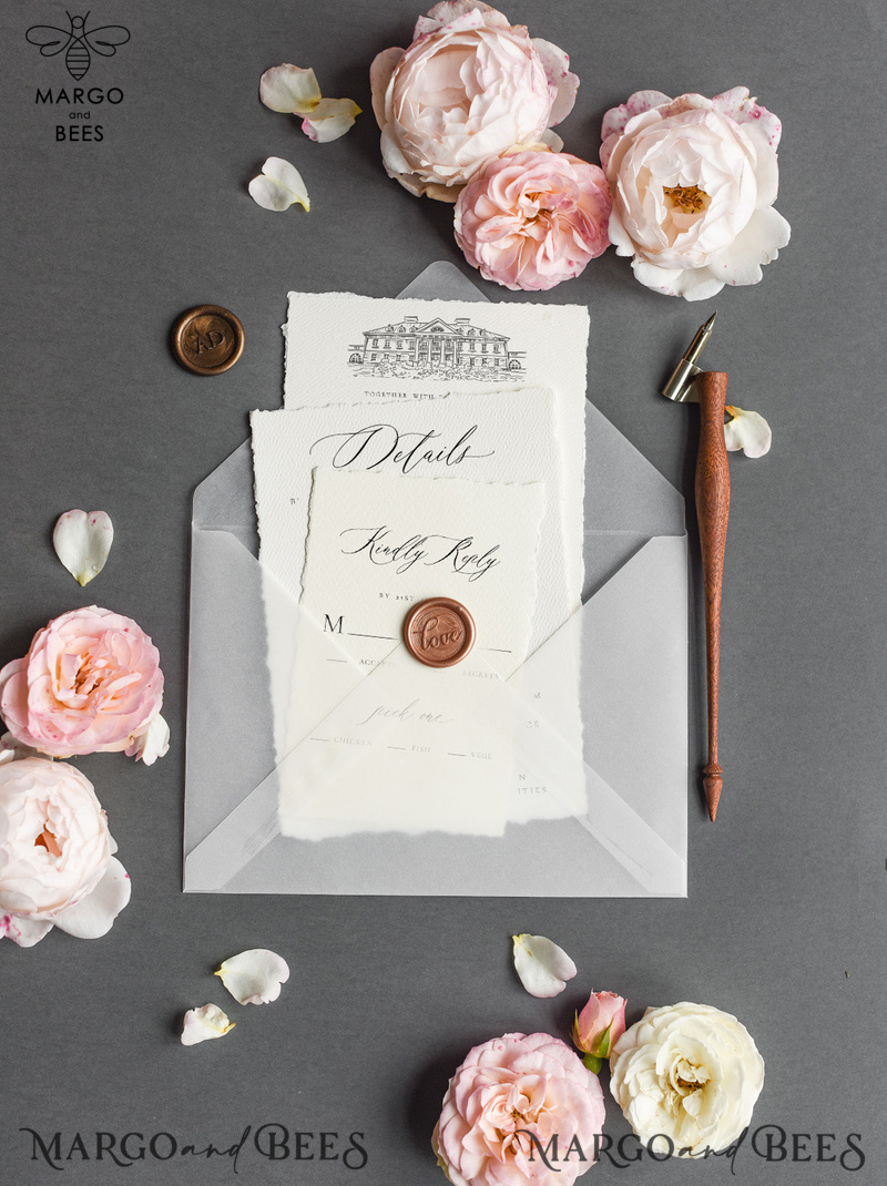  Romantic Nude Wedding Invitations, Elegant Custom Venue Sketch Wedding Invites, Vintage Floral Wedding Cards, Handmade Minimalistic Wedding Invitation Suite-20