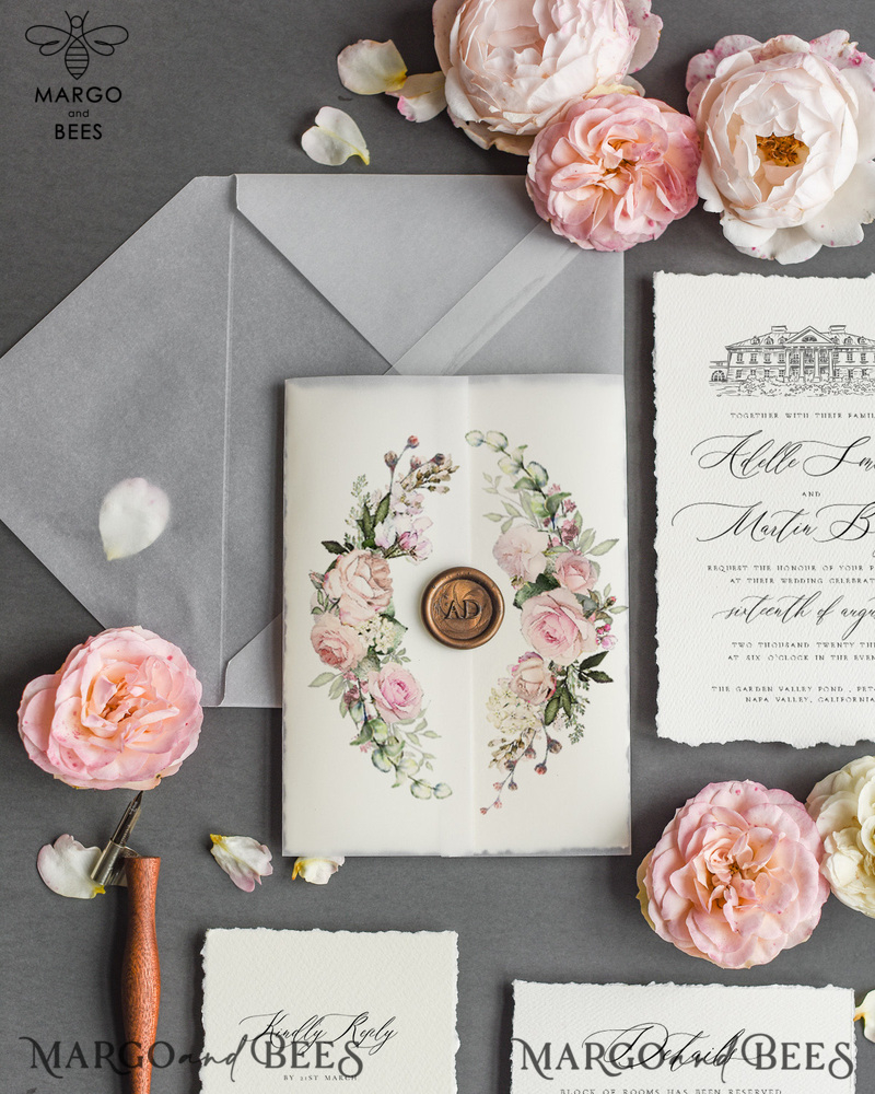  Romantic Nude Wedding Invitations, Elegant Custom Venue Sketch Wedding Invites, Vintage Floral Wedding Cards, Handmade Minimalistic Wedding Invitation Suite-7