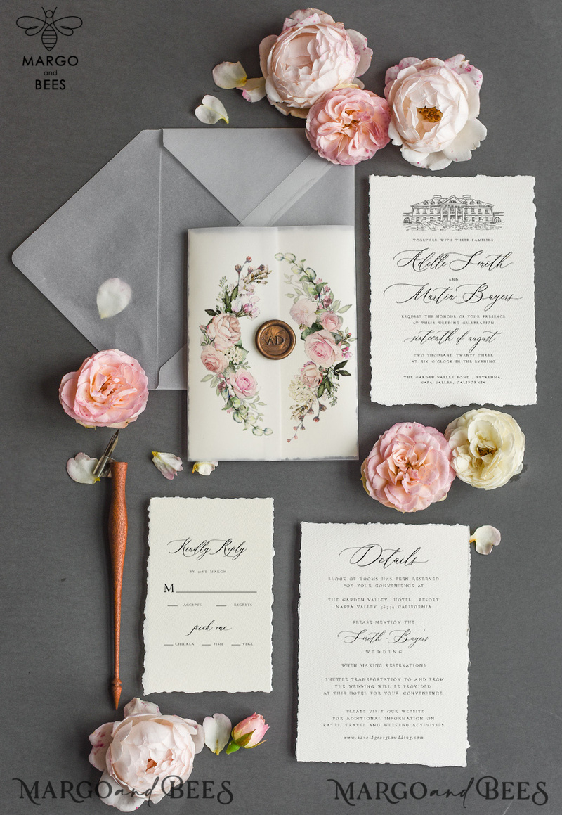  Romantic Nude Wedding Invitations, Elegant Custom Venue Sketch Wedding Invites, Vintage Floral Wedding Cards, Handmade Minimalistic Wedding Invitation Suite-0