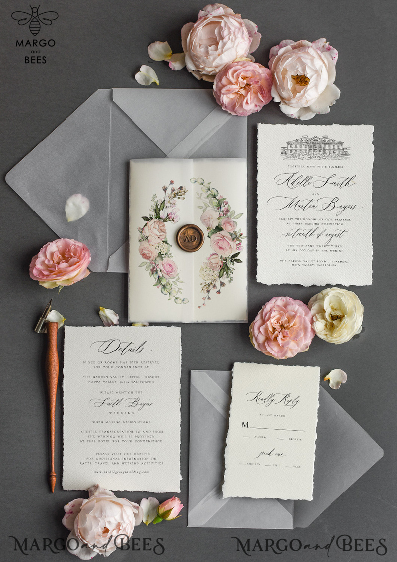  Romantic Nude Wedding Invitations, Elegant Custom Venue Sketch Wedding Invites, Vintage Floral Wedding Cards, Handmade Minimalistic Wedding Invitation Suite-8