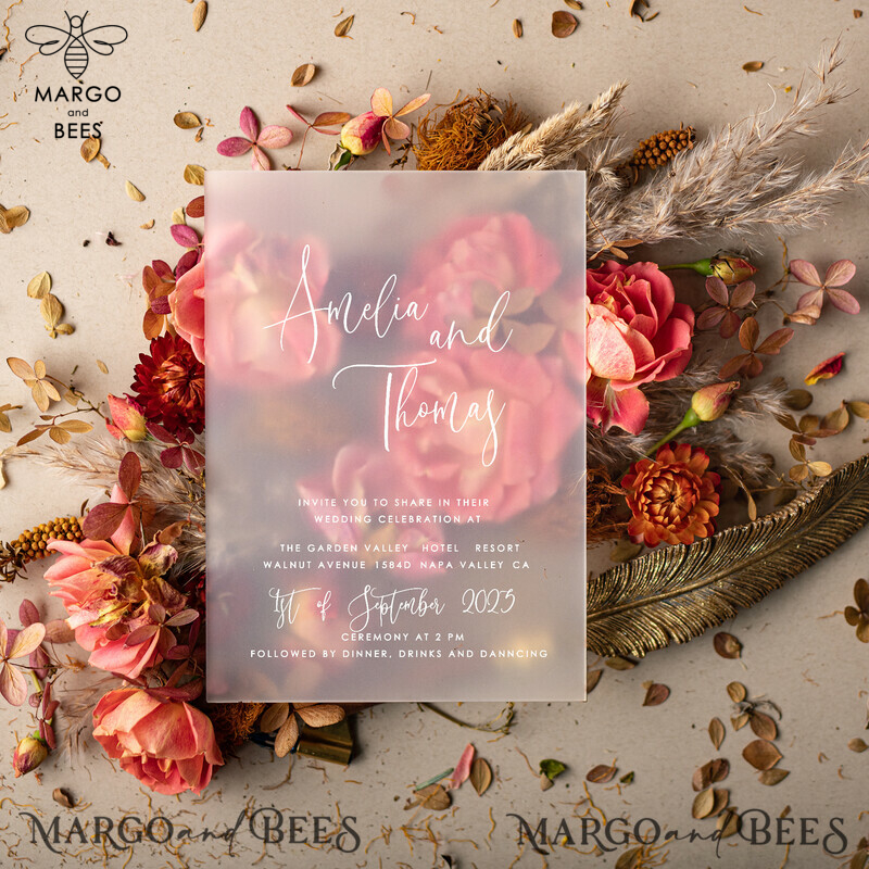 Elegant Terracotta Frozen Acrylic Wedding Invitations with Fall Boho Plexi Suite and Modern Terracotta Gold Leaf Wedding Stationery-1