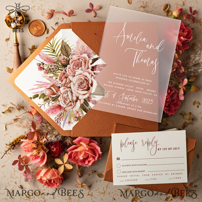 Elegant Terracotta Frozen Acrylic Wedding Invitations with Fall Boho Plexi Suite and Modern Terracotta Gold Leaf Wedding Stationery-3