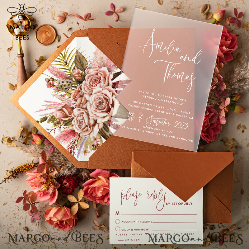 Elegant Terracotta Frozen Acrylic Wedding Invitations with Fall Boho Plexi Suite and Modern Terracotta Gold Leaf Wedding Stationery-4