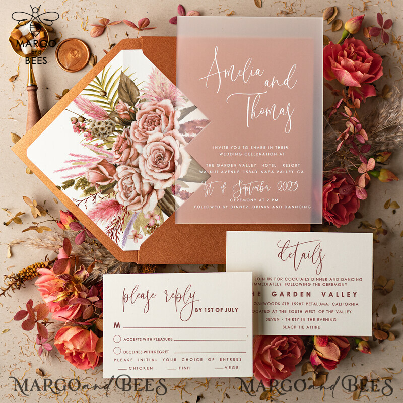 Elegant Terracotta Frozen Acrylic Wedding Invitations with Fall Boho Plexi Suite and Modern Terracotta Gold Leaf Wedding Stationery-0