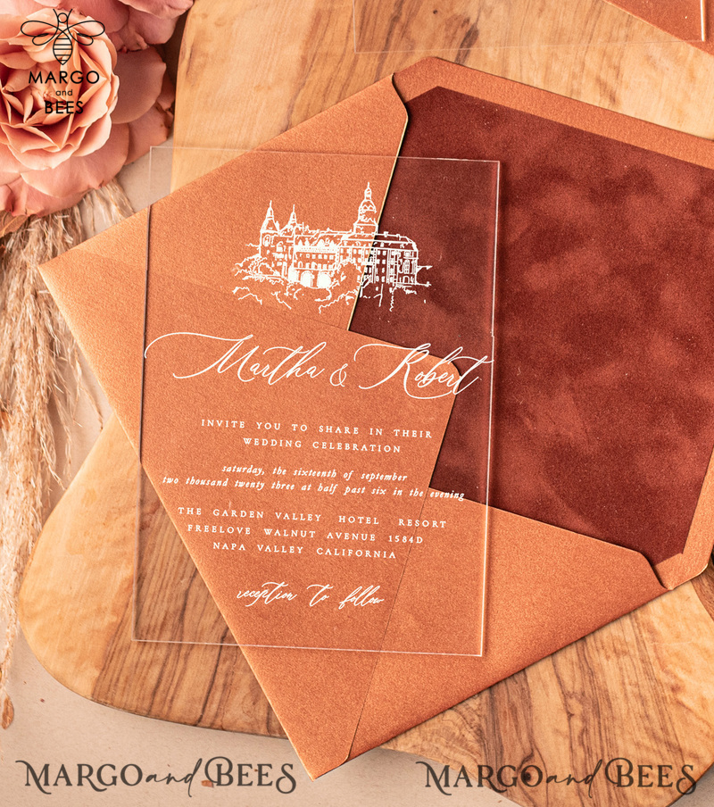 Luxury Acrylic Wedding invitations UK, Elegant Velvet wedding invitation Suite • Terracotta  Velvet Wedding Invitations • Velvet wedding Stationery-1