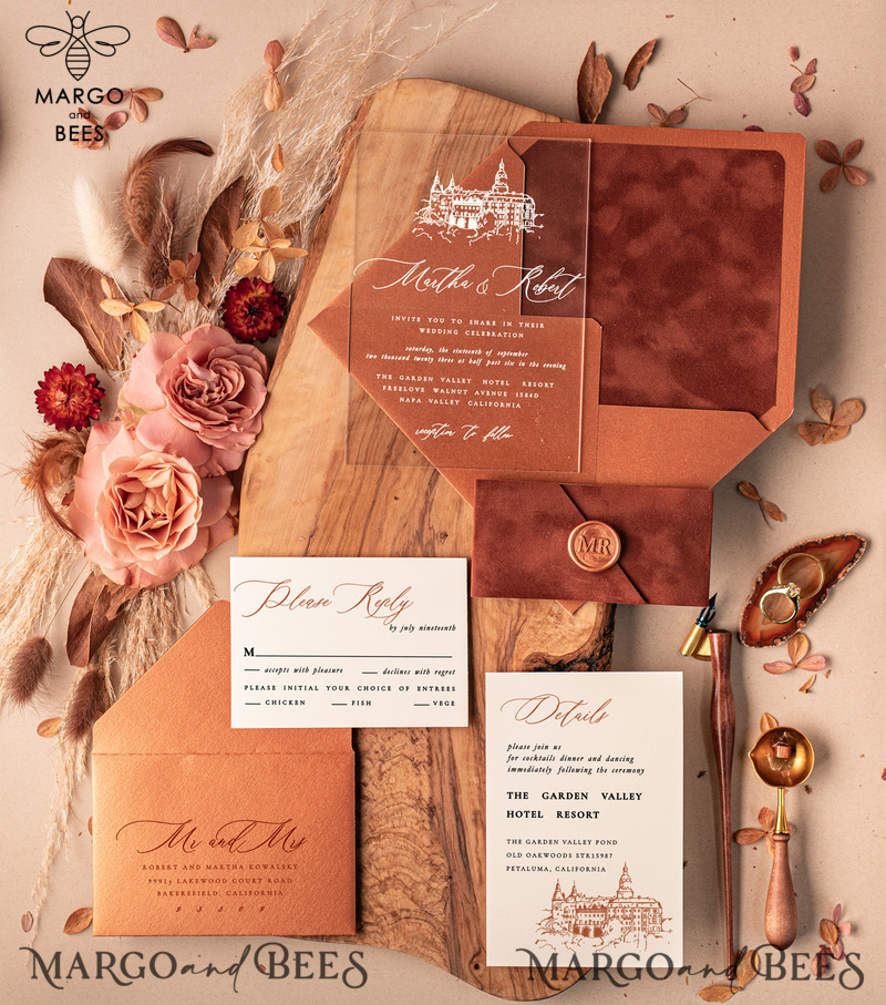 Luxury Acrylic Wedding invitations UK, Elegant Velvet wedding invitation Suite • Terracotta  Velvet Wedding Invitations • Velvet wedding Stationery-0