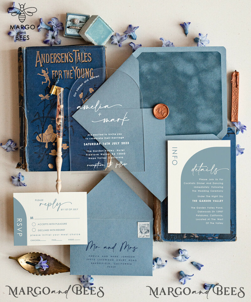 Elegant Acrylic Wedding Invitations in Dusty Blue: Shop Luxurious Invitation Suite Online-3