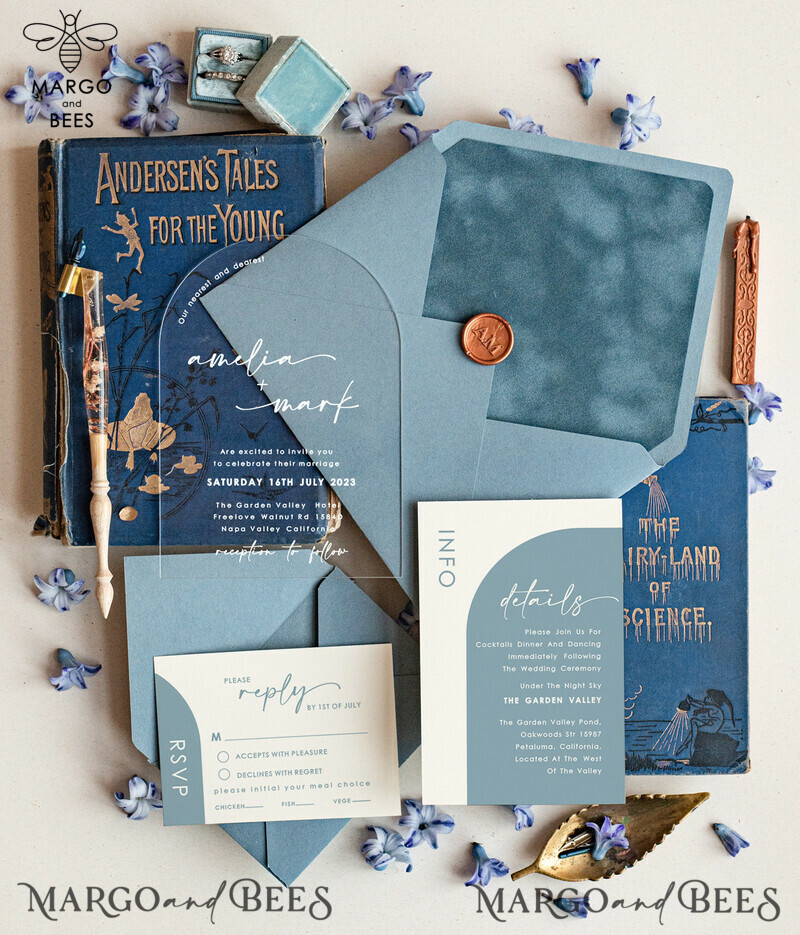 Elegant Acrylic Wedding Invitations in Dusty Blue: Shop Luxurious Invitation Suite Online-0