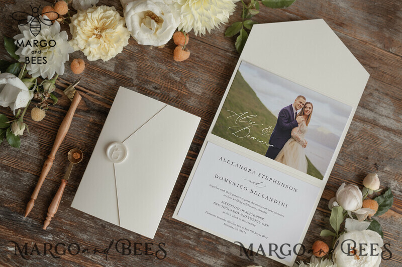 Elegant Tri Fold Wedding Invitations: Bespoke Nude Wedding Cards with Custom Photo - Affordable and Handmade Wedding Invitation Suite-1