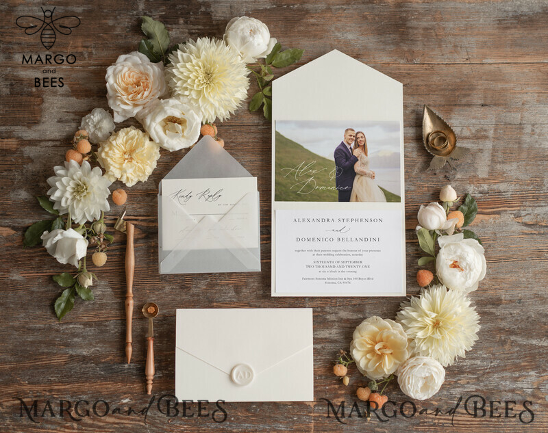   Elegant Tri Fold Wedding Invitations, Bespoke Nude Wedding Cards, Custom Photo Wedding Invites, Affordable And Handmade Wedding Invitation Suite-4