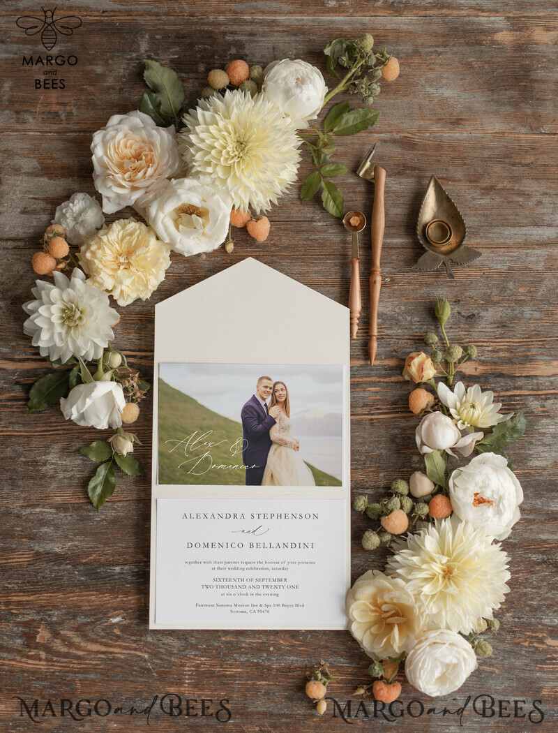   Elegant Tri Fold Wedding Invitations, Bespoke Nude Wedding Cards, Custom Photo Wedding Invites, Affordable And Handmade Wedding Invitation Suite-5